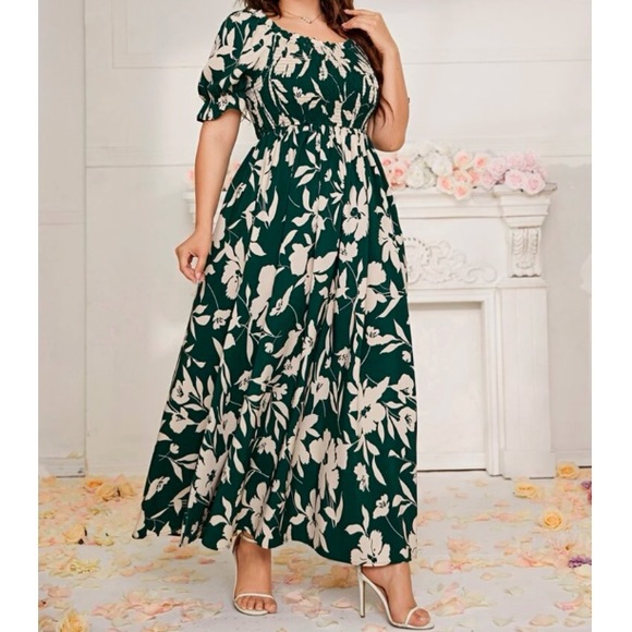 Boho green floral print shirred maxi dress - Picture 4 of 5
